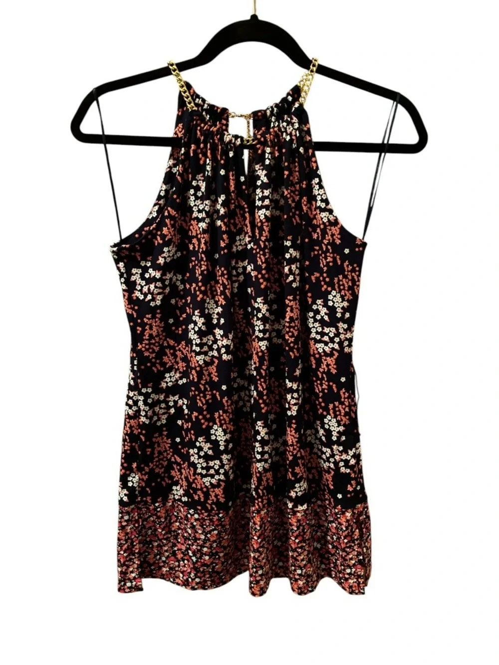 NWT MICHAEL KORS BLUE FLORAL BLOUSE WITH GOLD CHAIN SIZE S